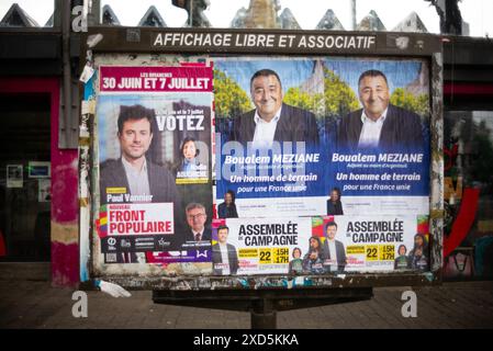 Parigi, Francia. 20 giugno 2024. Manifesti e volantini per le elezioni legislative a Parigi, in Francia, il 20 giugno 2024. Foto di Pierrick Villette/ABACAPRESS. COM credito: Abaca Press/Alamy Live News Foto Stock