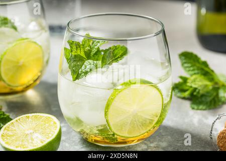 Cocktail Hugo frizzante e rinfrescante con zecca di lime e champagne Foto Stock