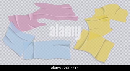 Set di nastri per condotti a colori. Nastri adesivi gialli trasparenti per il fissaggio o per collage fotografici. Nastri adesivi con bordi strappati. Scotch appiccicoso. Chiave in plastica Illustrazione Vettoriale