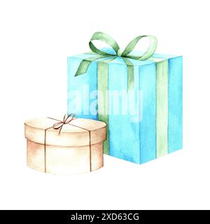 Regali per bambini, illustrazione acquerello. Ideale per feste di compleanno. Adatto per tessuti, rottami di carta, carta da parati, carta da imballaggio, cartoline e. Foto Stock