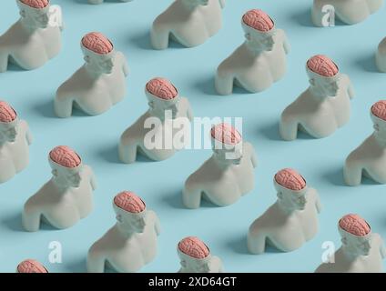 Schema isometrico senza cuciture di una scultura di un uomo con la testa aperta e il cervello esposto. illustrazione 3d. Foto Stock