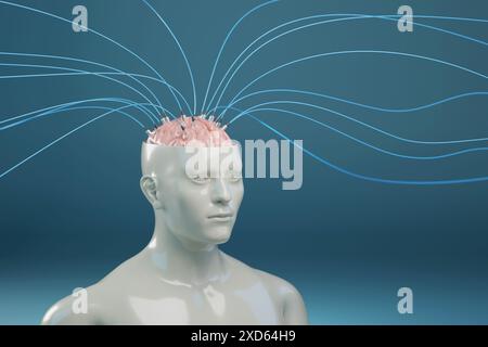 Scultura di un uomo con la testa aperta e il cervello collegato con cavi con spazio di copia. illustrazione 3d. Foto Stock