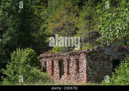 Esterno di caserme militari distrutte e abbandonate. Sauna militare abbandonata. Foto Stock