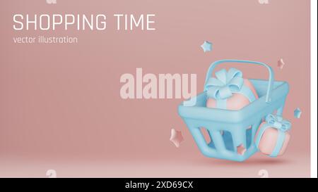 Borsa della spesa. Borsa rosa alla moda con manico e regali. Icona vettoriale 3D. Elementi realistici per un design romantico Illustrazione Vettoriale