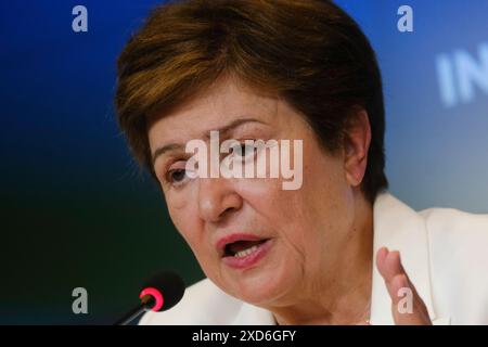 Lussemburgo, Lussemburgo. 20 giugno 2024. Kristalina Georgieva, amministratore delegato del Fondo monetario internazionale (FMI), interviene in una conferenza stampa a seguito di una riunione dell'Eurogruppo a Lussemburgo, giovedì 20 giugno 2024. Crediti: ALEXANDROS MICHAILIDIS/Alamy Live News Foto Stock