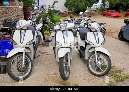 Tre scooter bianchi parcheggiati sul ciglio della strada pronti per essere noleggiati, Tilos Island, Dodecaneso, Grecia. Preso maggio 2024 Foto Stock