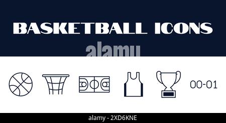 Set di icone della linea da basket Vector. Illustrazione delle icone del basket line. Set di icone degli sport da basket Illustrazione Vettoriale