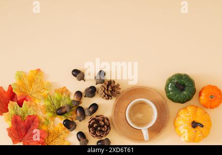 Scena autunnale o autunnale con tazza di caffè, foglie autunnali colorate, varie zucche, pinne e noci con spazio per copiare su sfondo beige pastello. Foto Stock