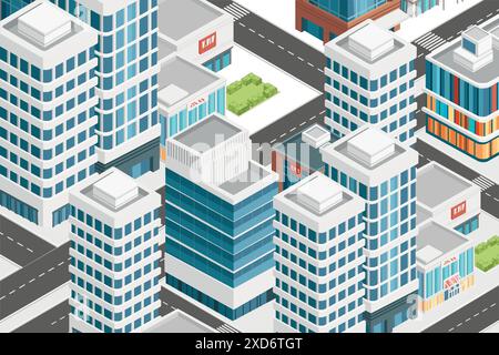 Vista isometrica tridimensionale che mostra strade affollate e grattacieli torreggianti. Design urbano moderno, illustrazione vettoriale Illustrazione Vettoriale