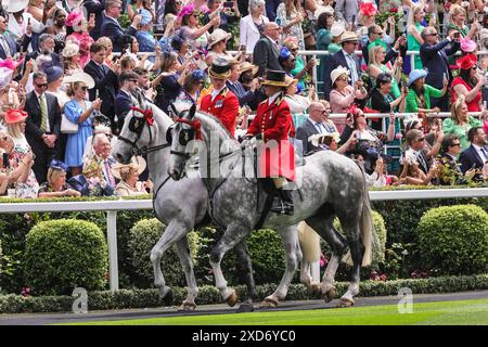 Ascot, Berkshire, Regno Unito. 20 giugno 2024. Arrivano le carrozze. La Processione reale con i membri della famiglia reale e i loro ospiti in carrozza attraversa l'anello della parata a Royal Ascot il 3° giorno, il Ladies Day, dell'evento ippico. I reali e gli ospiti invitati si mescolano poi sul prato prima di trasferirsi al recinto reale. Crediti: Imageplotter/Alamy Live News Foto Stock