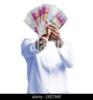 Persona di colore che tiene appunti di Cape Verdean Escudo e si avvicina alla fotocamera con i pollici. Mano che tiene banconote in valuta capoverdiana, denaro reso in 3d. Foto Stock