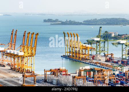 Vista panoramica del Porto di Singapore. Gru a cavalletto STS (Ship-to-shore) presso il cantiere di spedizione sullo sfondo del mare. Paesaggio marino urbano costiero. Foto Stock