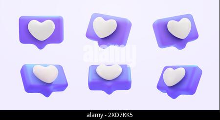 casella di testo cuore viola con rendering 3d, icona cuore, notifica social media love, emoticon nella chat box. Imposta come un'icona a forma di cuore su una spilla viola. Icona a forma di cuore con la bolla vocale. Illustrazione vettoriale Illustrazione Vettoriale