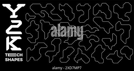Set di frame cyberpunk o elementi futuristici di texture tecnologiche. Parti geometriche dello scafo della navicella spaziale, in stile brutalismo y2k Illustrazione Vettoriale