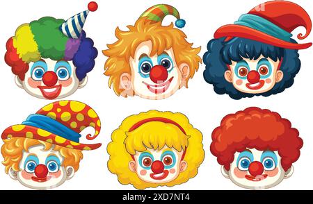 Sei vivaci clown con cappelli diversi Illustrazione Vettoriale