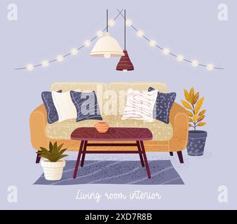Design degli interni del soggiorno. Arredamento accogliente. Illustrazione Vettoriale