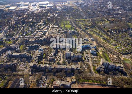 Veduta aerea, edifici residenziali alti Am Sellmannsbach, Plutostraße e Kopernikusstraße, associazione di giardini di aggiudicazione Bulmker-Erlenkamp e.V., Bulmke- Foto Stock