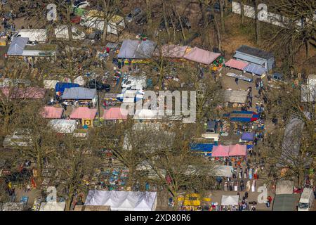 Vista aerea, Gelsentrödel, mercato delle pulci, mercato delle pulci presso la pista per trotto, bancarelle, Feldmark, Gelsenkirchen, zona della Ruhr, Renania settentrionale-Vestfalia, Germania Foto Stock