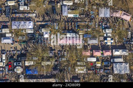 Vista aerea, Gelsentrödel, mercato delle pulci, mercato delle pulci presso la pista per trotto, bancarelle, Feldmark, Gelsenkirchen, zona della Ruhr, Renania settentrionale-Vestfalia, Germania Foto Stock