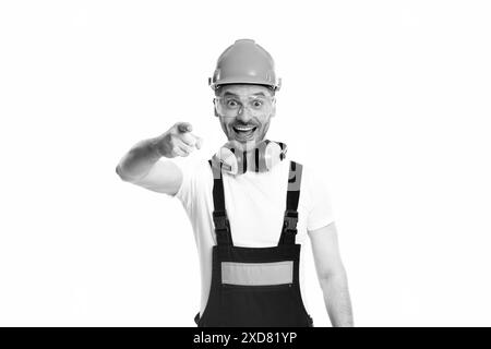 uomo di lavoro sorpreso isolato su sfondo bianco. uomo da lavoro in studio. uomo di lavoro Foto Stock