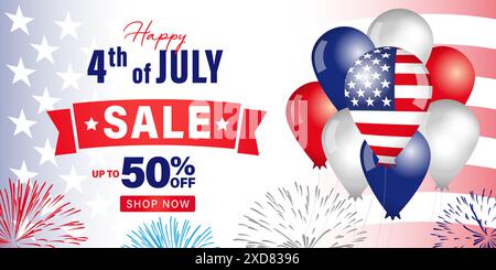 OFFERTA felice 4 luglio, fino al 50% di sconto sul banner con palloncini e bandiere USA. Design del poster promozionale Independence Day of USA. Illustrazione vettoriale Illustrazione Vettoriale