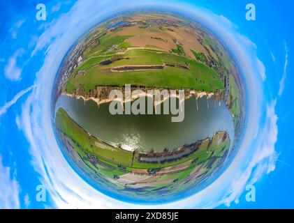 Veduta aerea, Dornick dyke, LSG Dornicker Ward area di conservazione del paesaggio, parte della pianura alluvionale naturale del Reno, globo, immagine fisheye, 360 gradi Foto Stock