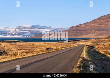 Percorso 61 con curve, Islanda, vicino a Isafjordur, westfjords. Fiordi, ghiaccio e ghiacciaio, cielo azzurro, estate, erba e campi aperti. Foto Stock