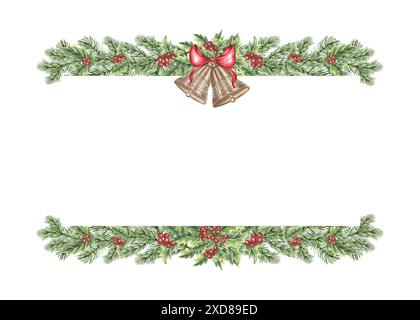 Le campane natalizie sono ornate da fiocco e holly sul ramo di abete rosso. Cornice vintage. Illustrazione ad acquerello disegnata a mano. Decorazioni per l'anno nuovo su Pine, ramoscello di Fir Foto Stock