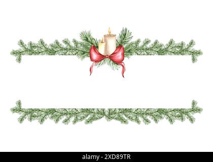 Il ramo dell'abete rosso e le candele ornano di fiocco. Cornice vintage. Illustrazione ad acquerello disegnata a mano. Natale, Capodanno decorando Pine, ramoscello di Fir Foto Stock