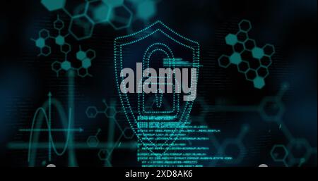 Immagine dell'icona del lucchetto di sicurezza, delle strutture chimiche e dell'elaborazione dei dati su sfondo blu Foto Stock