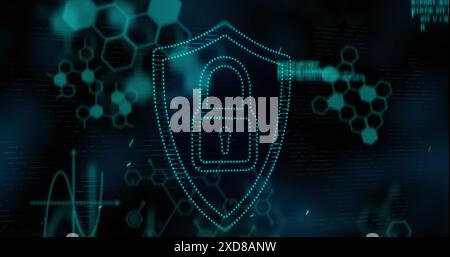 Immagine dell'icona del lucchetto di sicurezza, delle strutture chimiche e dell'elaborazione dei dati su sfondo blu Foto Stock
