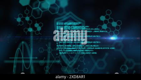 Immagine dell'icona del lucchetto di sicurezza, delle strutture chimiche e dell'elaborazione dei dati su sfondo blu Foto Stock