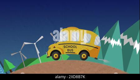 Immagine dello scuolabus giallo e delle icone della scuola sul paesaggio urbano Foto Stock