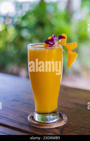 Frullato di mango in un bicchiere con mango fresco. Bevanda rinfrescante al mango. Frullato di mango sano. Frullato di frutta fresca con frutta biologica. Foto Stock