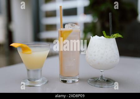 Tre cocktail assortiti su un tavolo con diversi garnishes Foto Stock