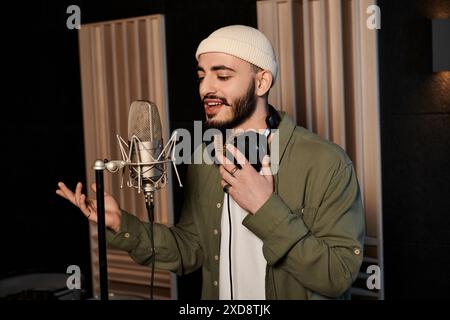 Un artista maschile canta appassionatamente in un microfono, catturando l'essenza delle sue emozioni in uno studio di registrazione. Foto Stock