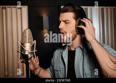 Un uomo canta appassionatamente in un microfono in un vivace studio di registrazione durante le prove di una band musicale. Foto Stock