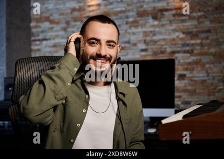 Un uomo in uno studio di registrazione, concentrato su una tastiera, che indossa le cuffie in una sessione di prove di gruppo musicale. Foto Stock