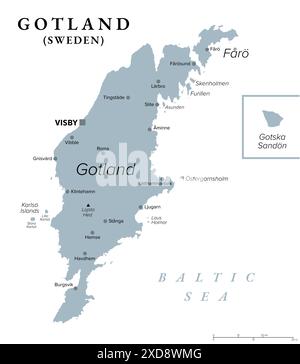 Gotland, mappa politica grigia. L'isola più grande della Svezia, completamente circondata dal Mar Baltico. La provincia di Gotland con capitale Visby. Foto Stock