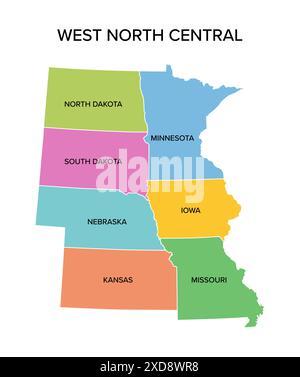 West North Central states, mappa politica multicolore. Divisione del censimento degli Stati Uniti della regione del Midwest. Foto Stock