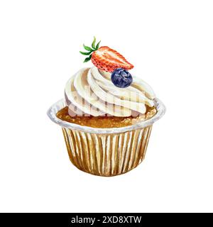 Muffin con fragole e mirtilli, acquerello. Illustrazione vettoriale. Schizzo del cibo. Per biglietti d'auguri, inviti, menu per caffetterie, panetterie Illustrazione Vettoriale