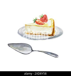 Cheesecake con fragole su un piattino, spatola di pasticceria. Illustrazione vettoriale. Schizzo del cibo. Per biglietti, inviti, menu da caffe', panetterie, pasticceria Illustrazione Vettoriale