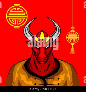 Bue selvatico toro di mucca di bufalo simbolo zodiaco cinese, mascotte con logo sul nuovo anno lunare Illustrazione Vettoriale