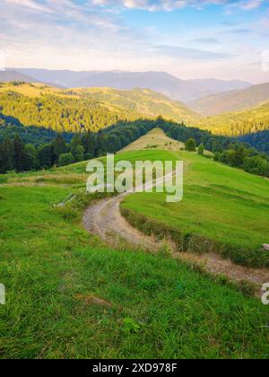 sentiero che si snoda attraverso prati erbosi. verdi colline che si snodano nella valle lontana. catena montuosa dei carpazi alla luce del mattino. transcarpathia rural sce Foto Stock