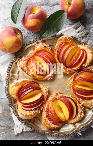 Pasta sfoglia di pesca appena sfornata a forma di cuore con frutta matura e marmellata da vicino in un piatto sul tavolo. Vista dall'alto verticale Foto Stock