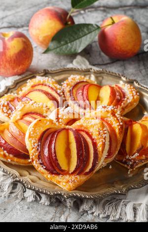 Sfoglia di pesca a forma di cuore con frutta fresca e marmellata da vicino in un piatto sul tavolo. Verticale Foto Stock