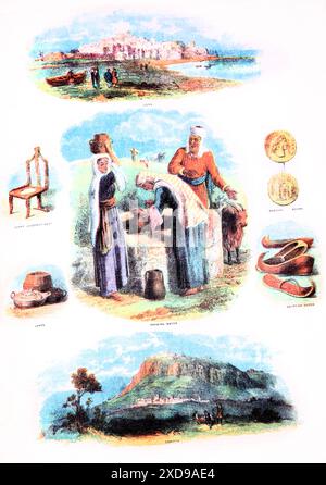 Una pagina in Antique 19th Century Brown's Self-Interpreting Family Bible Illustrations raffiguranti donne che disegnano acqua da un pozzo, Joppa, Corinto, Roman J Foto Stock