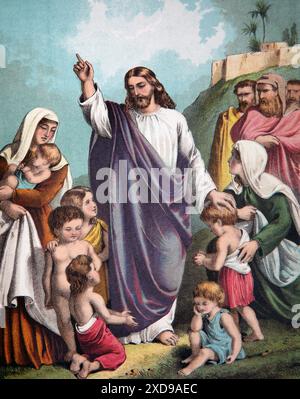 Illustrazione di Gesù Cristo Benedizione bambini piccoli (Vangelo di Marco) nuovo Testamento dalla Bibbia di famiglia autointerpretante di Brown del XIX secolo Foto Stock