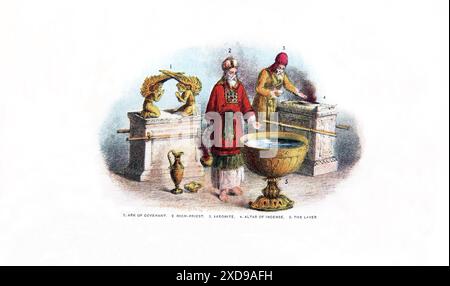 Pagina di Una Sacra Bibbia raffigurante il Sommo sacerdote con un Aaronita, l'Arca dell'Alleanza, il Laver, altare dell'incenso dall'Illu di Brown del XIX secolo Foto Stock