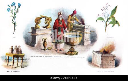 Pagina di Una Sacra Bibbia raffigurante il Sommo sacerdote con un Aaronita, l'Arca dell'Alleanza, il Laver, altare dell'incenso, cannella, lino, tabella di Shew Foto Stock
